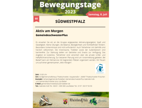 Aktiv am Morgen – Einladung der GemeindeschwesternPlus zum Bewegungsangebot für Seniorinnen und Senioren am 8. Juli 2023 um 10 Uhr in Thaleischweiler-Fröschen